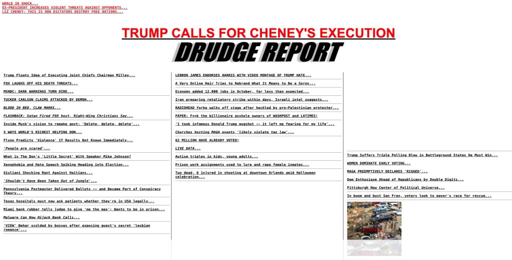 Harris campaign, Drudge Report falsely accuse Trump of calling for Liz Cheney’s ‘execution’ by firing squad