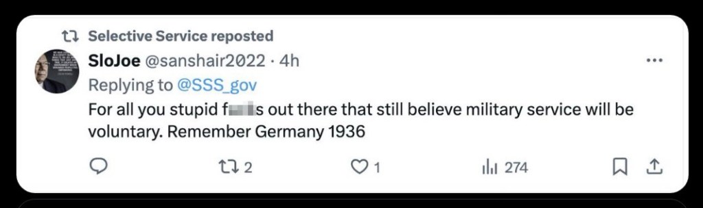 Federal agency responsible for the draft reposts vulgar tweet suggesting the US is becoming Nazi Germany
