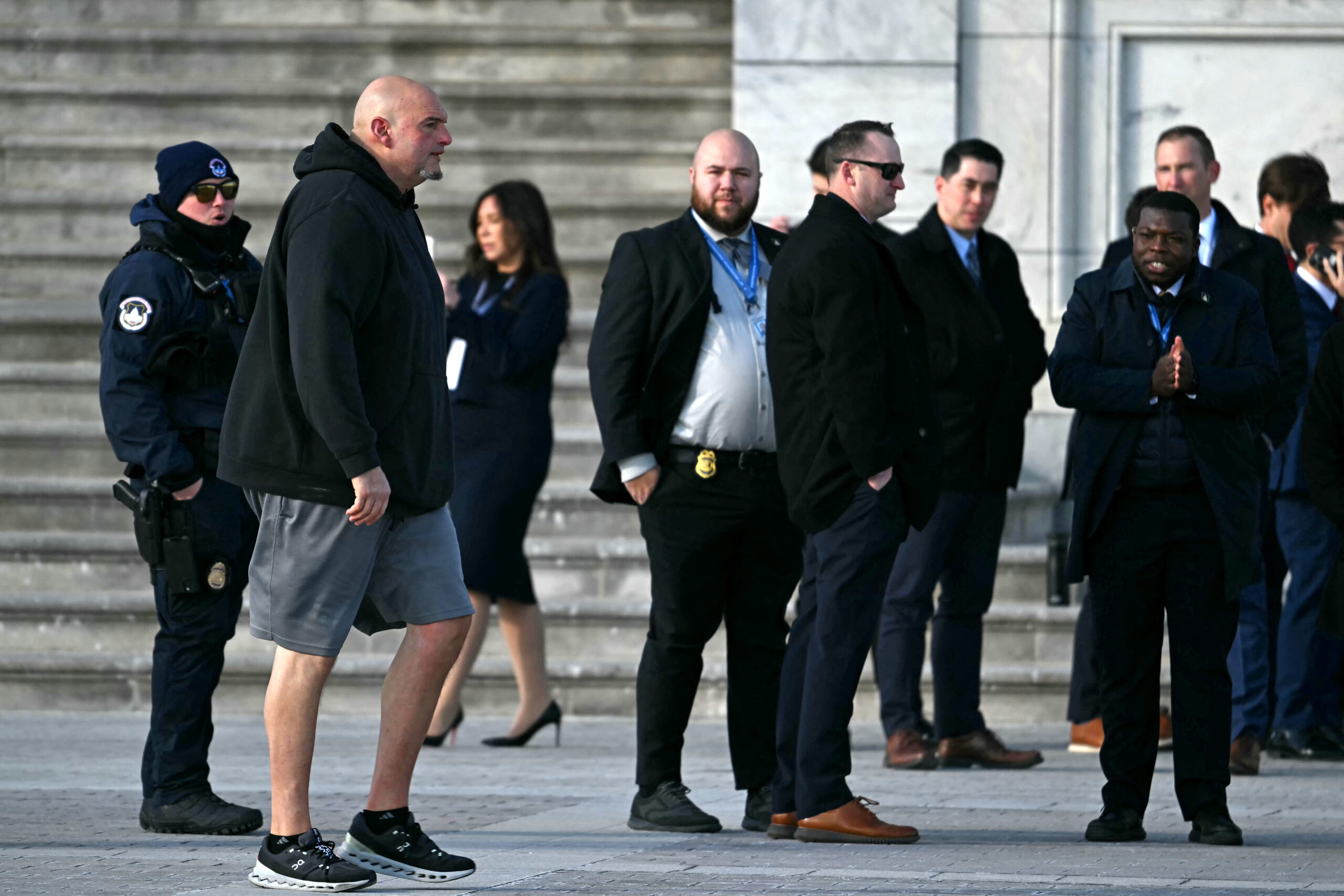 Sen. John Fetterman arrives in a hoodie and shorts to Trump’s inauguration