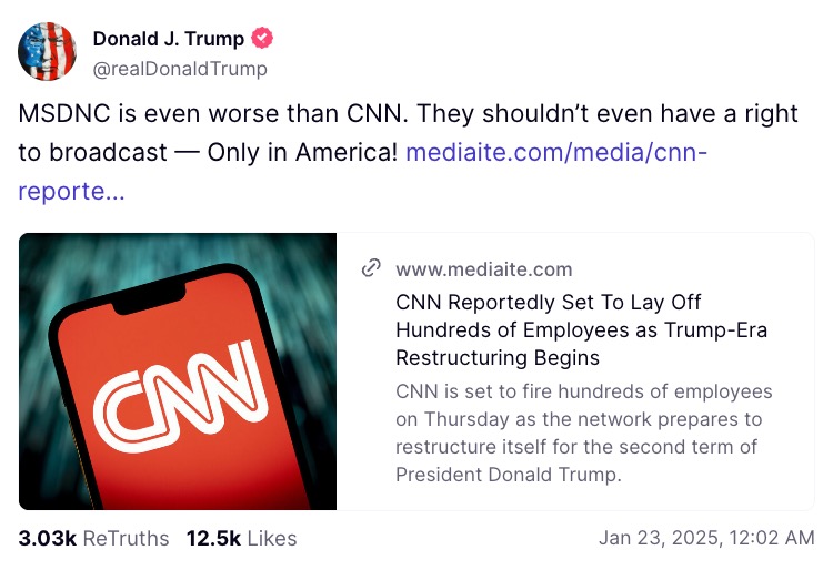 Trump attacks MSNBC, says it  ‘shouldn’t have a right to broadcast’