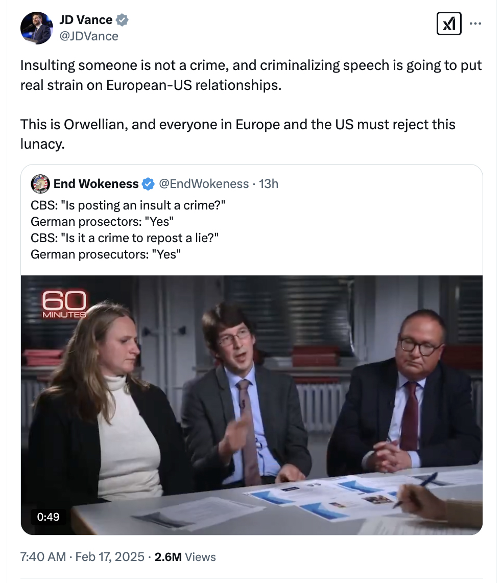 JD Vance rips ‘Orwellian’ German prosecutors for ‘criminalizing speech,’ says it will hamper Europe-US relations
