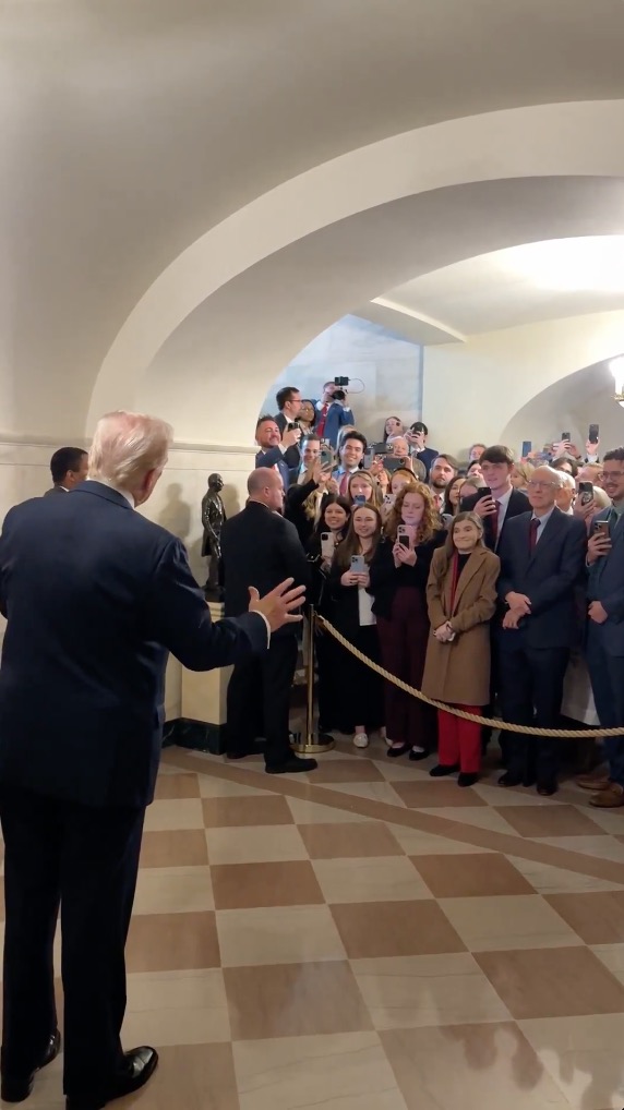 Trump makes surprise appearance on first White House tour of new administration: ‘First lady worked very hard in making it perfect’