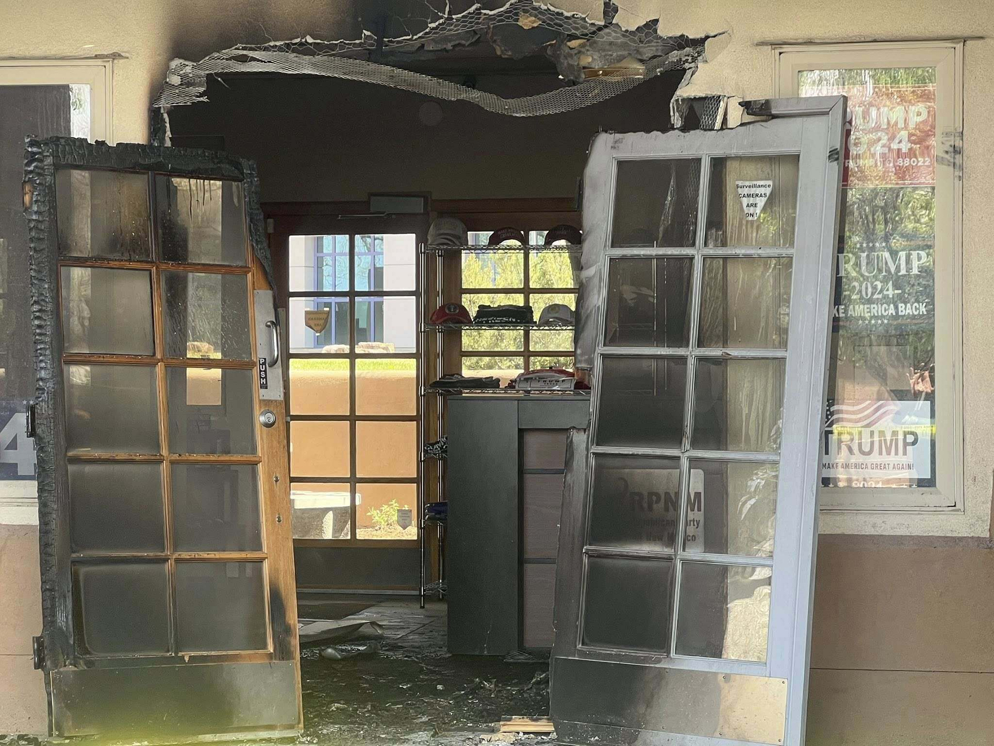 Republican Party of New Mexico headquarters graffitied with ‘ICE = KKK’, set ablaze in alleged arson attack: chair