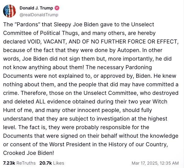 Trump says Biden’s autopen pardons are now ‘void, vacant and of no further force or effect’