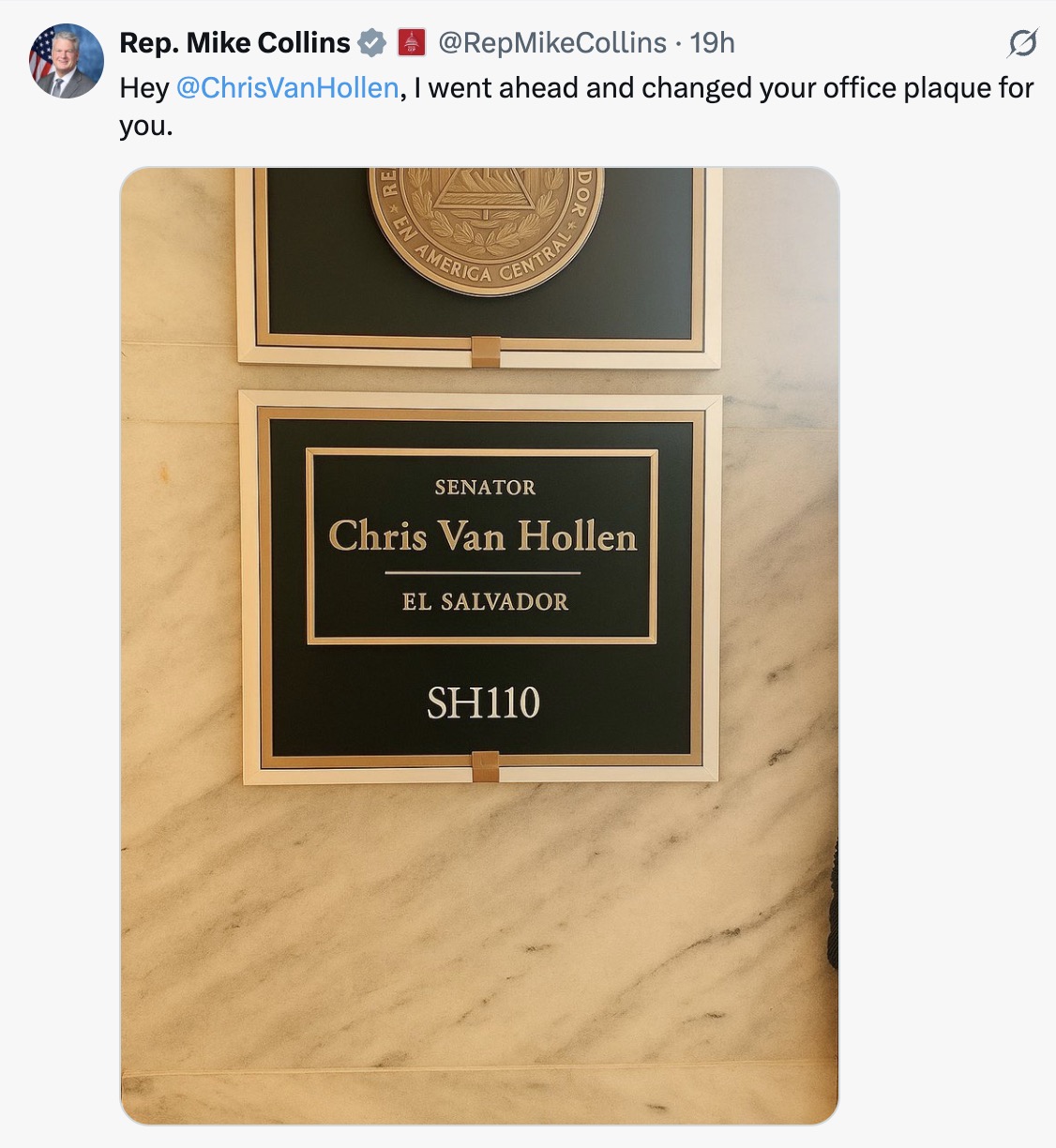 Republican lawmaker claims he tweaked Van Hollen’s office plaque after Dem’s El Salvador trip