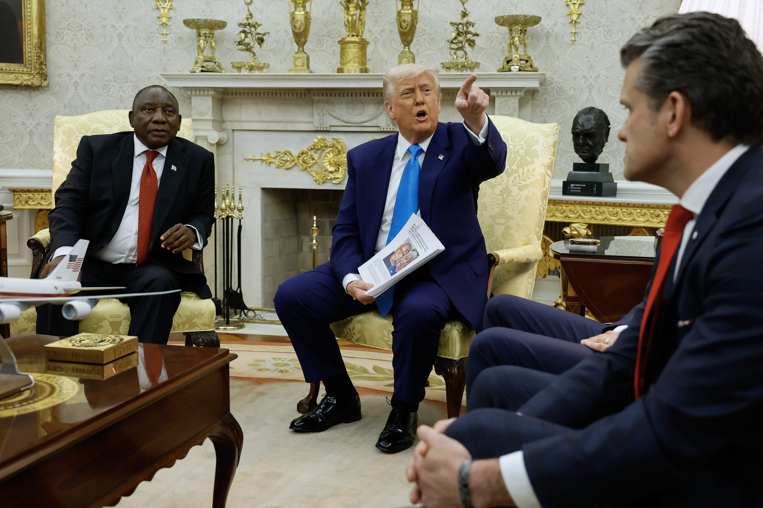 Trump lashes out at ‘terrible’ NBC reporter over Qatar jet question during Oval Office meeting with South African president: ‘Jerk … Idiot’