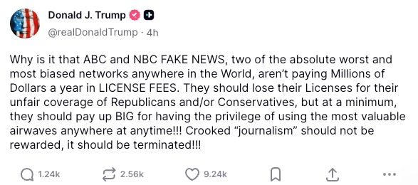 Trump hits ABC, NBC as ‘FAKE NEWS,’ says he’d support FCC revoking licenses