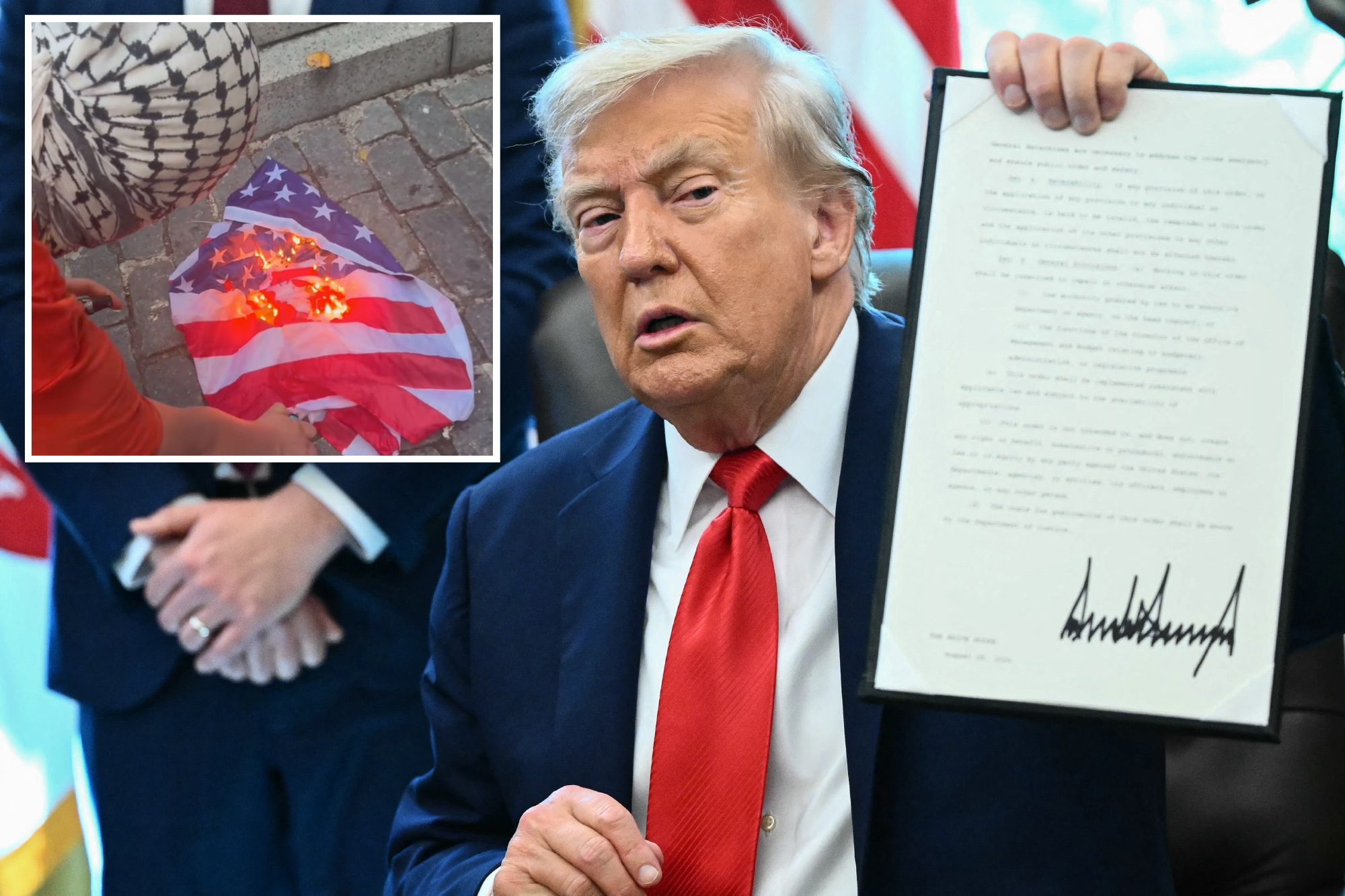 Trump signs executive order banning flag burning —warns those who desecrate flag will get a year in jail