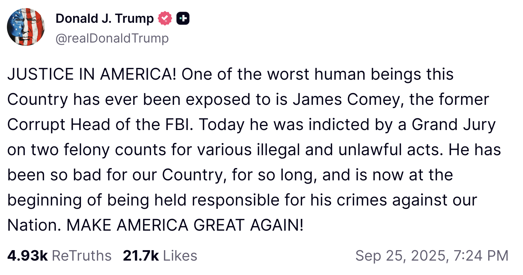 Trump celebrates James Comey indictment in scathing Truth Social post: ‘JUSTICE IN AMERICA!’