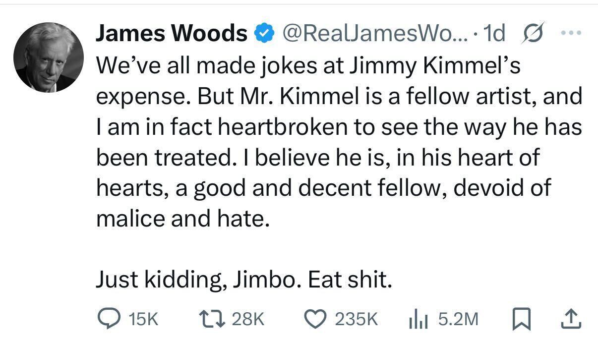 Actor James Woods bashes Jimmy Kimmel in a series of X posts