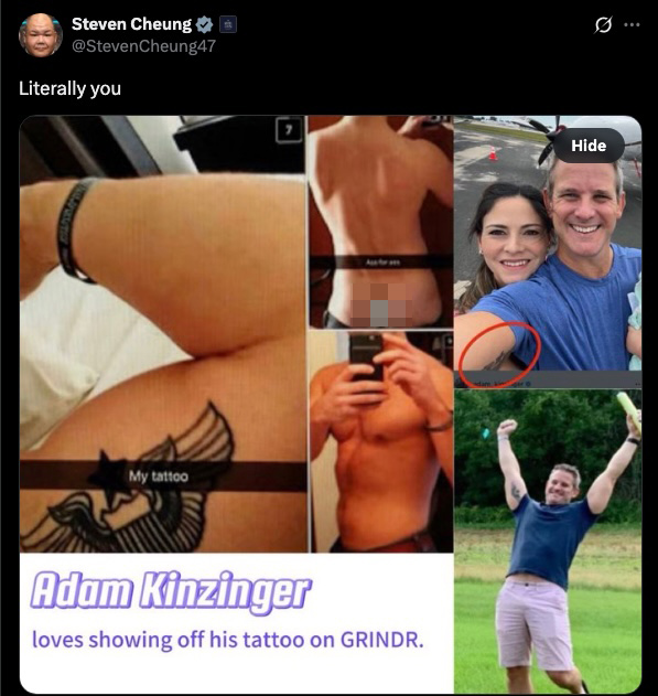 White House official suggests married ex-GOP Rep. Adam Kinzinger posted half-naked photos on Grindr