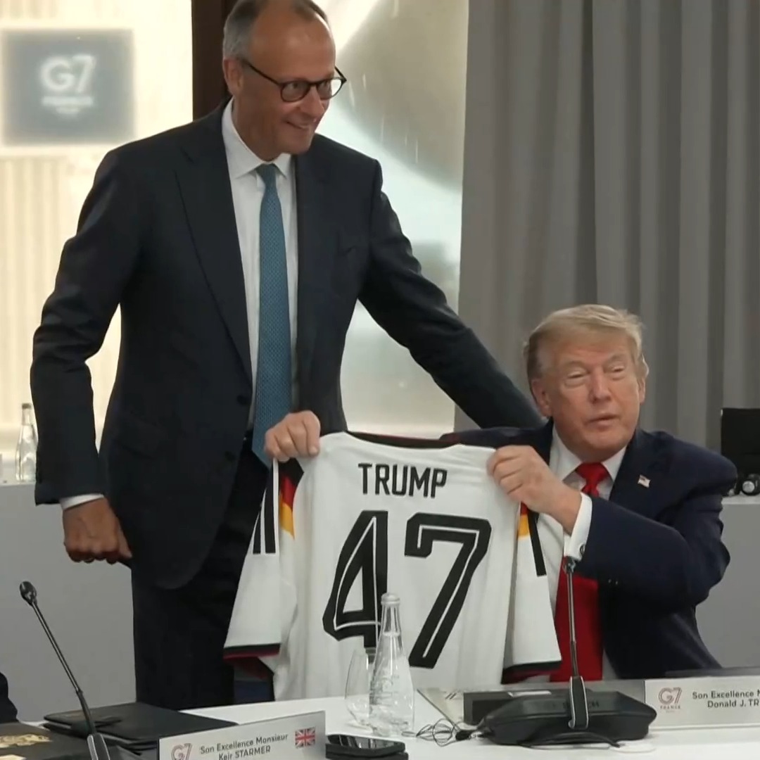 German Chancellor gives Trump a ‘TRUMP 47’ soccer jersey as belated birthday gift at G7 summit